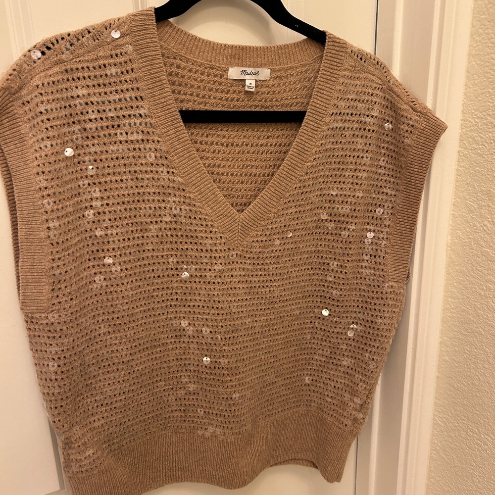 SOLD - Madewell Tan V-Neck open weave Sweater with Sparkle